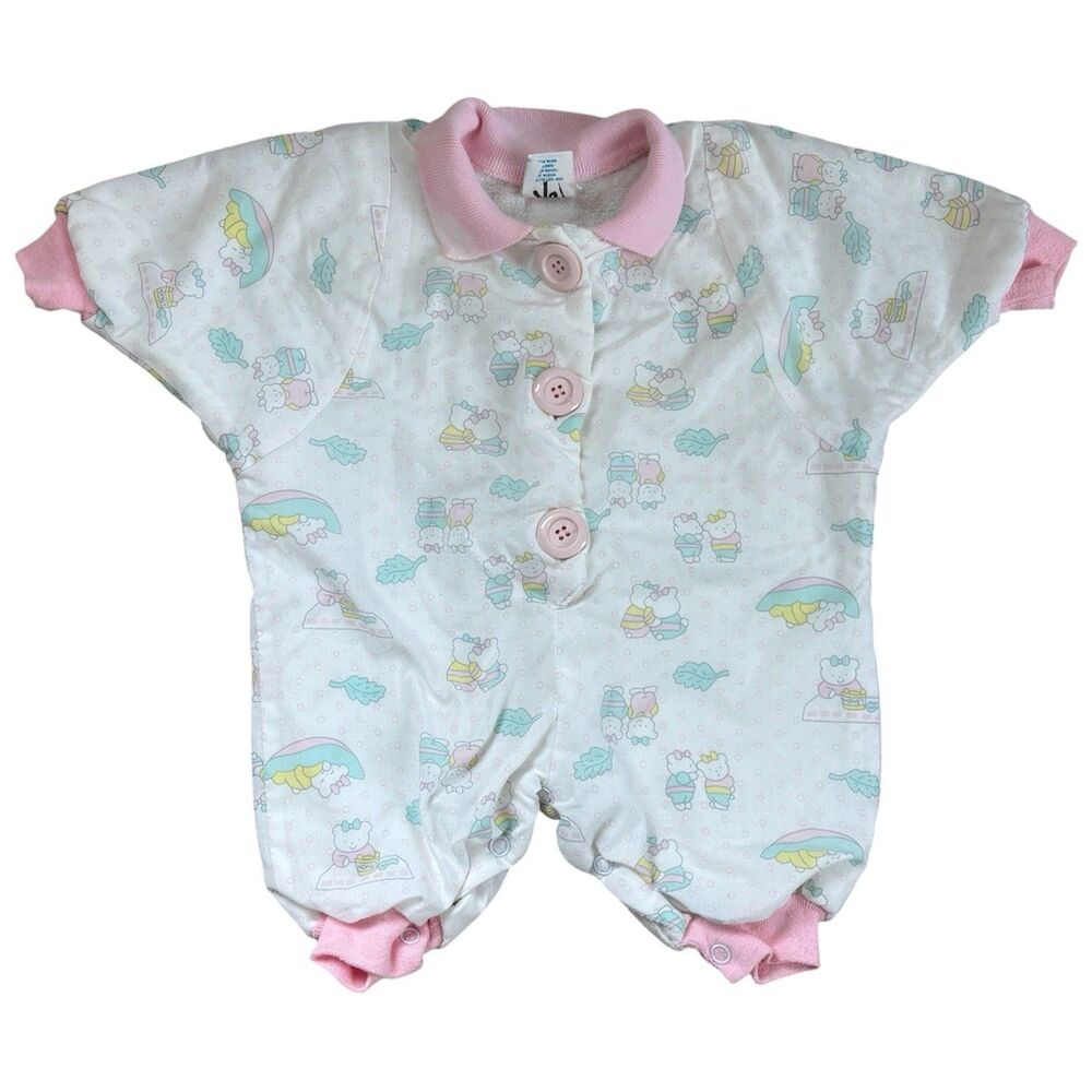 Vintage Hopscotch Baby Girls Romper PJs Pastel Bear Snaps Fleece 0-6 Months